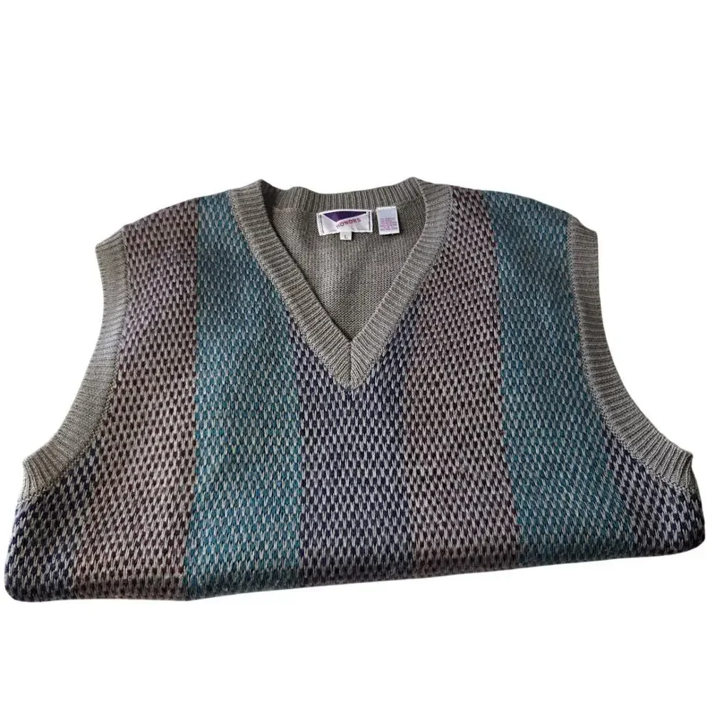 Vintage Earthy GrandpaCore Striped V‑Neck Sweater Vest Wool‑Blend Size Large